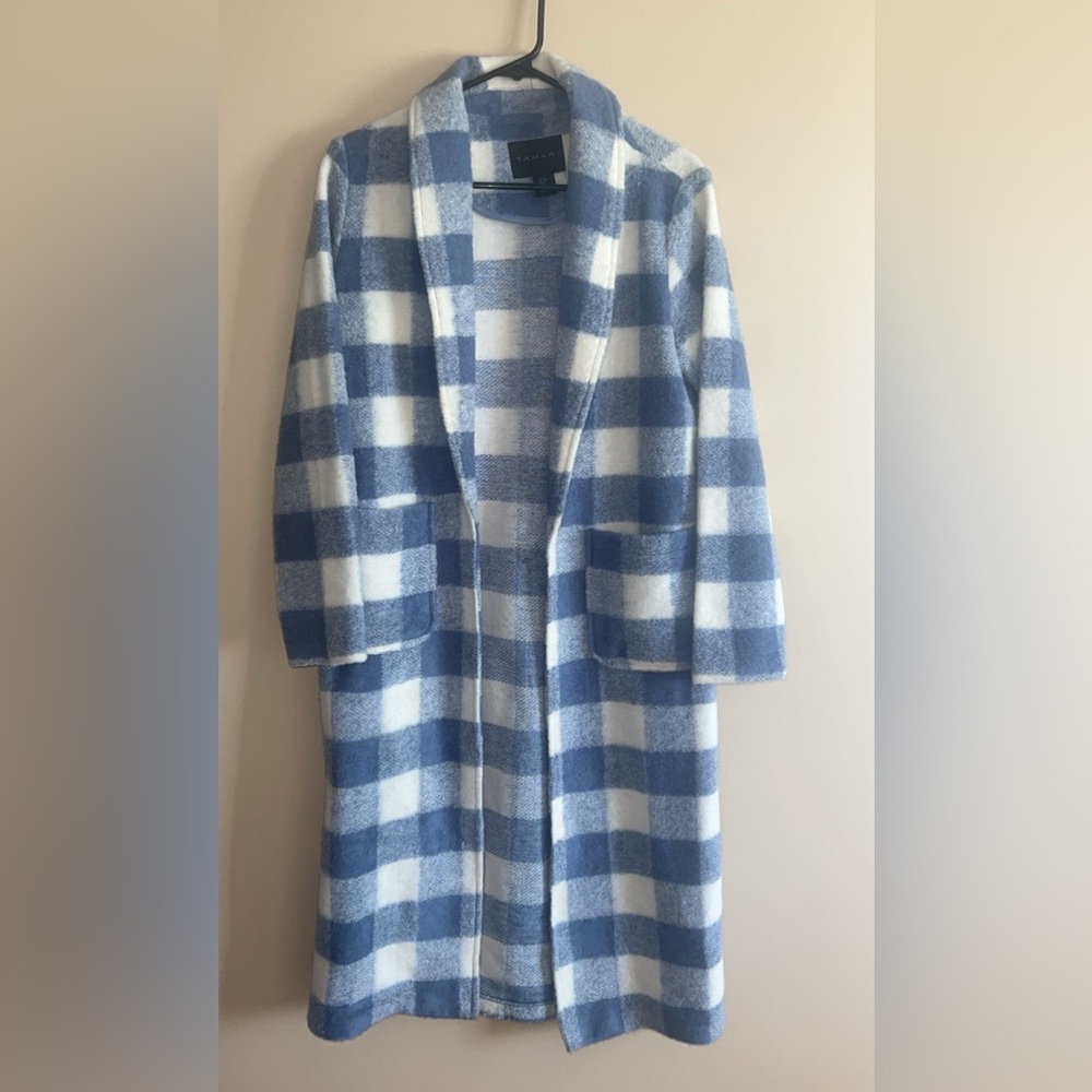 Tahari Blue and Cream Checkered Wool trench Jacket